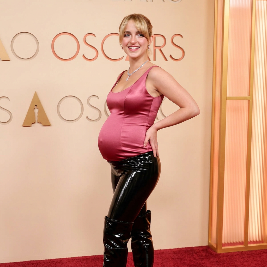 AI Design for she wears shiny and reflective fitted cami woman dark pink tank top and reflective black leather leggings and reflective boots that reached to her knees and she is very pregnant and she is smilng