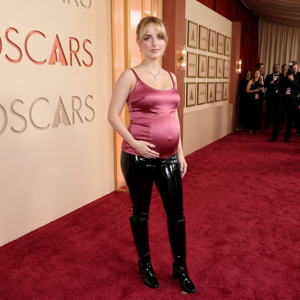AI Design for she wears shiny fitted cami woman dark pink tank top and black shiny leggings and shiny boots that reached to her knees and she is pregnant