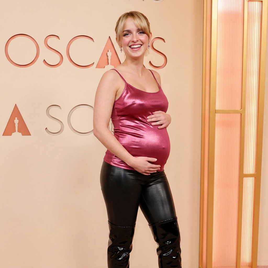 AI Design for she wears shiny and reflective fitted cami woman dark pink tank top and reflective black leather leggings and reflective boots that reached to her knees and she is very pregnant and she is smilng