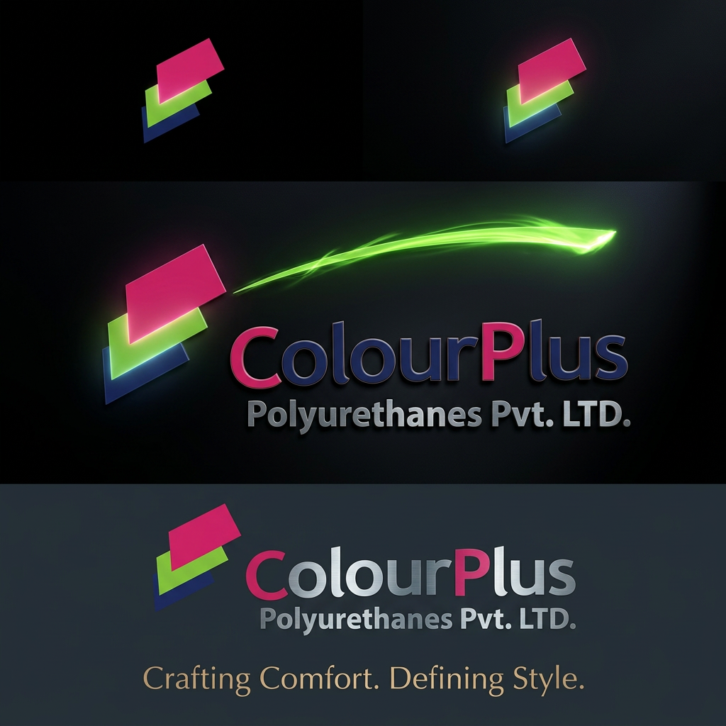 AI Design for Animate the ColorPlus logo on a black background with a premium corporate aesthetic. The blue, green, and pink geometric elements smoothly slide into place from different directions, forming the logo. A vibrant green swoosh draws across the screen, symbolizing innovation and growth. The “ColourPlus” wordmark fades in with subtle 3D depth, while “Polyurethanes Pvt. LTD.” appears beneath with a refined metallic sheen. A soft light sweep enhances the logo before transitioning to the tagline: “Crafting Comfort. Defining Style.” Elegant, cinematic, 4K, 8–10 seconds.