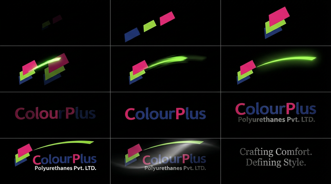 AI Design for Animate the ColorPlus logo on a black background with a premium corporate aesthetic. The blue, green, and pink geometric elements smoothly slide into place from different directions, forming the logo. A vibrant green swoosh draws across the screen, symbolizing innovation and growth. The “ColourPlus” wordmark fades in with subtle 3D depth, while “Polyurethanes Pvt. LTD.” appears beneath with a refined metallic sheen. A soft light sweep enhances the logo before transitioning to the tagline: “Crafting Comfort. Defining Style.” Elegant, cinematic, 4K, 8–10 seconds.