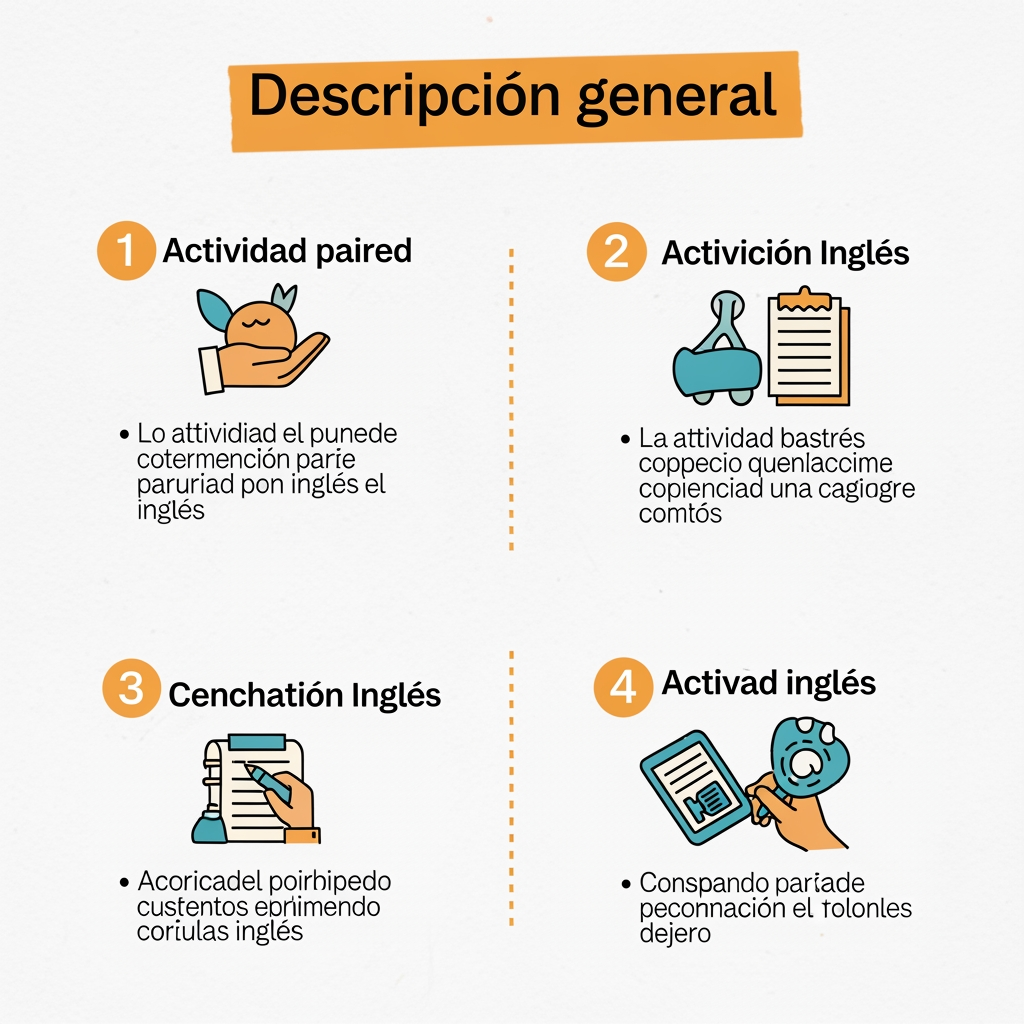 AI Design for Can you please prepare a desgin for this activity in Spanish? For education, to explain the development of the activity, with symbols or images Descripción general
Esta actividad se desarrolla en parejas y tiene como objetivo fomentar la expresión oral, comprensión oral e interacción oral en inglés, además de promover la multiculturalidad y la competencia intercultural.
Una pareja de alumnos/as crea una agencia de viajes y la otra actúa como clientes que desean organizar sus vacaciones. Ambas partes deben comunicarse, negociar y tomar decisiones en inglés, simulando una situación real de interacción profesional y cotidiana.
1. Brainstorming inicial
Ambas parejas realizan una lluvia de ideas sobre viajes, destinos, tipos de turismo y vocabulario relacionado.
· La agencia define su identidad: nombre, logo, especialidad, ubicación, motivación y trayectoria.
· Los clientes deciden sus preferencias: presupuesto, gustos, tiempo disponible y temporada.
2. Preparación de materiales
· La agencia elabora un folleto informativo con destinos, precios y servicios.
· Los clientes preparan una tabla comparativa con lugares posibles y sus pros y contras. Ambos grupos trabajan el vocabulario de viajes, alojamiento, transporte y actividades culturales.
3. Preparación del diálogo
Las dos parejas diseñan preguntas y respuestas basadas en ejemplos vistos en clase (vídeos y textos). Temas: temporada alta, tipo de alojamiento, pensión completa, tipo de viaje (relax, cultural, aventura), seguridad, vacunación, documentos, equipaje, etc.
4. Role play final
Se realiza la simulación completa:
· La agencia propone varios destinos.
· Los clientes hacen preguntas, comparan opciones y deciden su viaje. El alumnado utiliza expresiones reales de interacción oral y demuestra su capacidad para comunicarse en inglés en contextos auténticos.