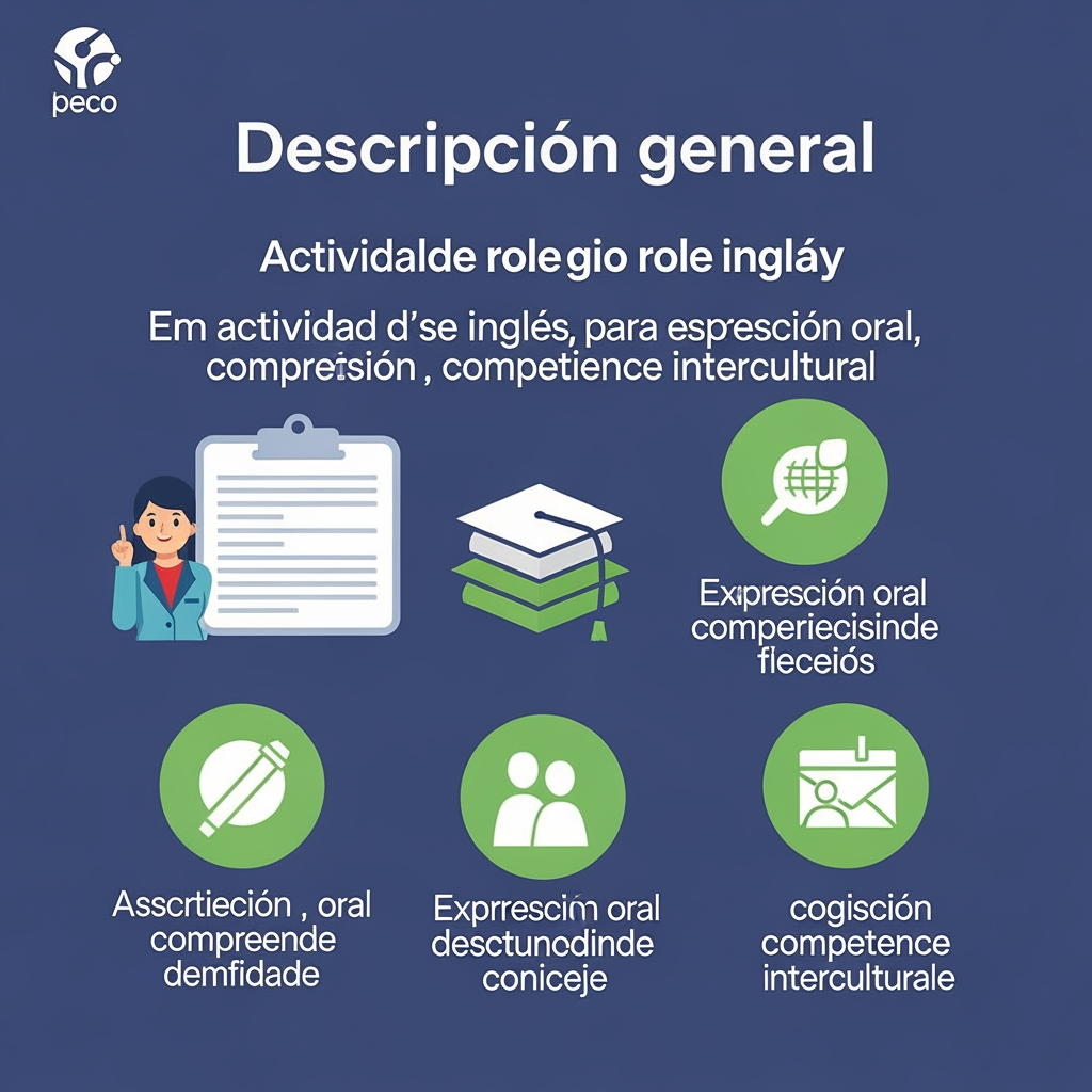 AI Design for Can you please prepare a desgin for this activity in Spanish? For education, to explain the development of the activity, with symbols or images Descripción general
Esta actividad se desarrolla en parejas y tiene como objetivo fomentar la expresión oral, comprensión oral e interacción oral en inglés, además de promover la multiculturalidad y la competencia intercultural.
Una pareja de alumnos/as crea una agencia de viajes y la otra actúa como clientes que desean organizar sus vacaciones. Ambas partes deben comunicarse, negociar y tomar decisiones en inglés, simulando una situación real de interacción profesional y cotidiana.
1. Brainstorming inicial
Ambas parejas realizan una lluvia de ideas sobre viajes, destinos, tipos de turismo y vocabulario relacionado.
· La agencia define su identidad: nombre, logo, especialidad, ubicación, motivación y trayectoria.
· Los clientes deciden sus preferencias: presupuesto, gustos, tiempo disponible y temporada.
2. Preparación de materiales
· La agencia elabora un folleto informativo con destinos, precios y servicios.
· Los clientes preparan una tabla comparativa con lugares posibles y sus pros y contras. Ambos grupos trabajan el vocabulario de viajes, alojamiento, transporte y actividades culturales.
3. Preparación del diálogo
Las dos parejas diseñan preguntas y respuestas basadas en ejemplos vistos en clase (vídeos y textos). Temas: temporada alta, tipo de alojamiento, pensión completa, tipo de viaje (relax, cultural, aventura), seguridad, vacunación, documentos, equipaje, etc.
4. Role play final
Se realiza la simulación completa:
· La agencia propone varios destinos.
· Los clientes hacen preguntas, comparan opciones y deciden su viaje. El alumnado utiliza expresiones reales de interacción oral y demuestra su capacidad para comunicarse en inglés en contextos auténticos.