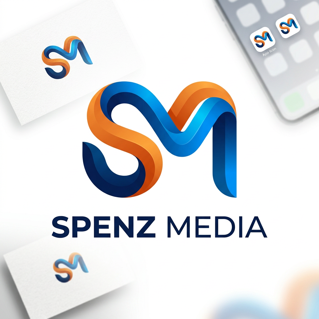 AI Design for Design a premium, unique, modern logo for "Spenz Media", a digital marketing and growth agency. Create a custom monogram using the letters "S" and "M" seamlessly integrated into a single iconic symbol. Avoid generic arrows, charts, megaphones, rockets, and marketing clichés. The logo should feel innovative, intelligent, and memorable, similar to the quality of top agency and tech company branding. Use clean geometric construction, balanced negative space, and subtle visual depth. Incorporate Spenz Media's existing brand colors with a deep navy blue and vibrant blue gradient. The icon should be recognizable even without the company name and work well as a website favicon, social media profile, proposal cover, and app icon. Include a sophisticated sans-serif wordmark "SPENZ MEDIA" below or beside the icon. Minimalist, professional, scalable vector design, white background, luxury-tech aesthetic, award-winning branding style, Behance and Dribbble quality, highly original and timeless. use colour orange and blue,