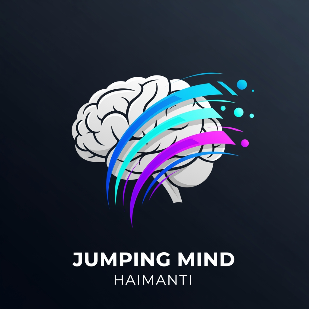 AI Design for Design a modern, premium, and creative logo for a YouTube channel named "Jumping Mind Haimanti". The logo should symbolize imagination, creativity, intelligence, learning, positivity, and personal growth. Feature a stylized human brain combined with dynamic jumping or upward motion elements to represent an active and evolving mind. Clean vector design, minimalist yet memorable, professional YouTube branding, bold typography, futuristic aesthetic, smooth curves, high contrast, balanced composition, dark background with vibrant electric blue, purple, and cyan accents. 3D glossy effect, ultra-sharp details, modern digital art style, Adobe Photoshop quality, brand identity design, scalable vector logo, centered composition, 8K resolution, transparent background.