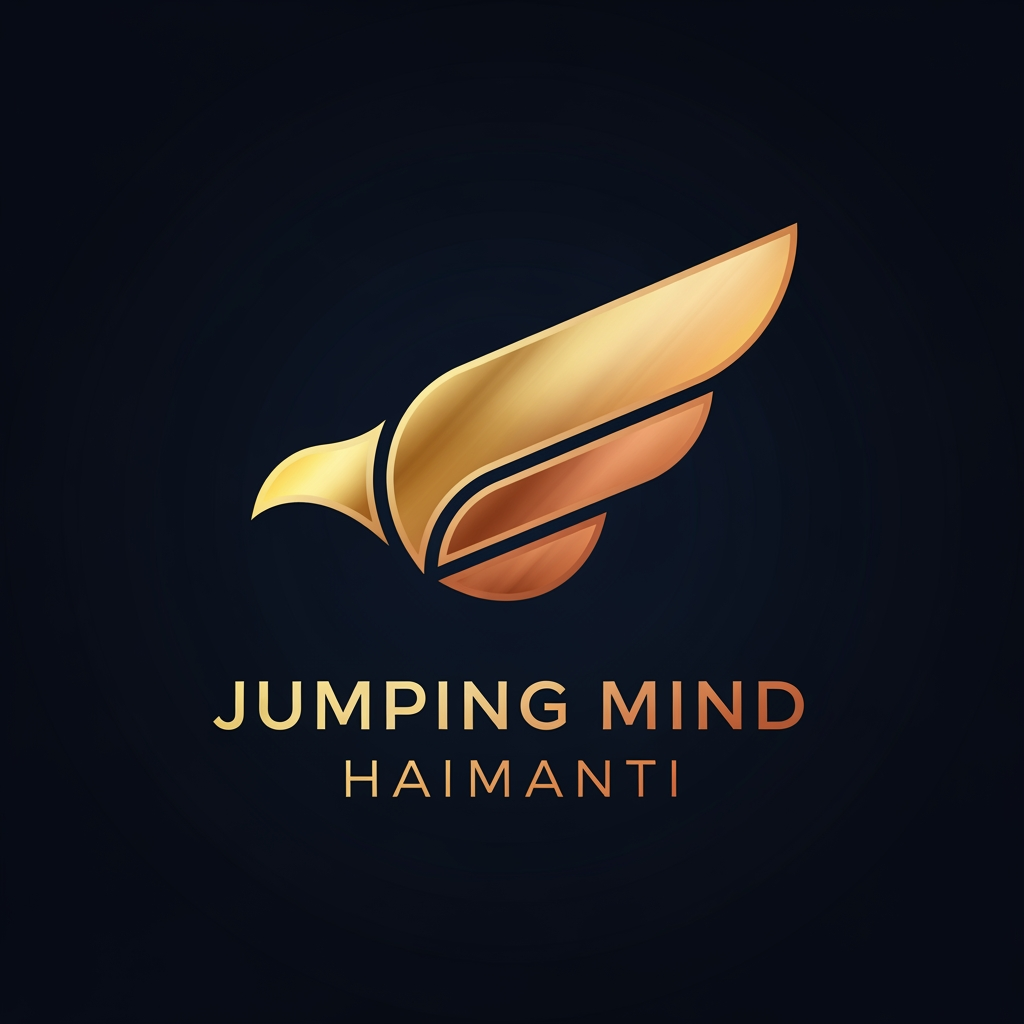 AI Design for Minimal luxury logo for ‘Jumping Mind Haimanti’, featuring an abstract wing or bird symbol, metallic gold and copper gradient, dark navy background, elegant typography, modern premium branding, clean vector style, suitable for YouTube channel