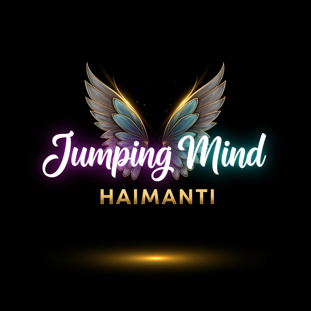 AI Design for Create a premium typography logo for the YouTube channel "Jumping Mind Haimanti". Focus on elegant custom typography and creative lettering. Behind the text, place a pair of beautiful, artistic fairy wings (angel wings) as a subtle background element. The wings should look graceful, dreamy, and inspirational, symbolizing imagination, freedom, creativity, and limitless thinking. Modern luxury design, clean vector artwork, balanced composition, sophisticated typography, high-end YouTube branding, black background, glowing white, purple, cyan, and gold accents. The wings should complement the text without overpowering it. Elegant lighting effects, soft glow, premium digital art, ultra-detailed, professional logo design, transparent background, Adobe Photoshop quality, 8K resolution.