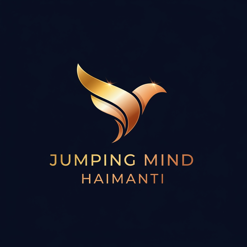 AI Design for Minimal luxury logo for ‘Jumping Mind Haimanti’, featuring an abstract wing or bird symbol, metallic gold and copper gradient, dark navy background, elegant typography, modern premium branding, clean vector style, suitable for YouTube channel