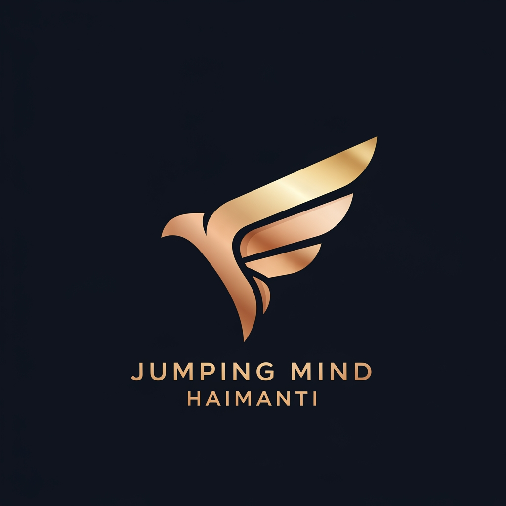 AI Design for Minimal luxury logo for ‘Jumping Mind Haimanti’, featuring an abstract wing or bird symbol, metallic gold and copper gradient, dark navy background, elegant typography, modern premium branding, clean vector style, suitable for YouTube channel