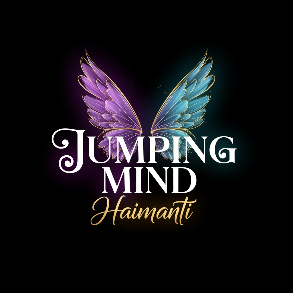 AI Design for Create a premium typography logo for the YouTube channel "Jumping Mind Haimanti". Focus on elegant custom typography and creative lettering. Behind the text, place a pair of beautiful, artistic fairy wings (angel wings) as a subtle background element. The wings should look graceful, dreamy, and inspirational, symbolizing imagination, freedom, creativity, and limitless thinking. Modern luxury design, clean vector artwork, balanced composition, sophisticated typography, high-end YouTube branding, black background, glowing white, purple, cyan, and gold accents. The wings should complement the text without overpowering it. Elegant lighting effects, soft glow, premium digital art, ultra-detailed, professional logo design, transparent background, Adobe Photoshop quality, 8K resolution.