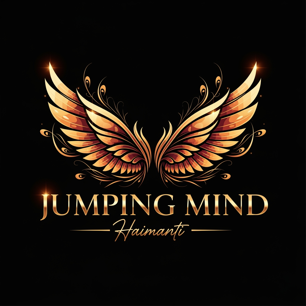 AI Design for Create a luxury typography logo for "Jumping Mind Haimanti". The main focus should be elegant custom typography. Behind the text, place a majestic phoenix-inspired wing emblem similar to a premium gaming or luxury brand logo. Symmetrical wings spreading outward from the center, representing freedom, imagination, creativity, and limitless potential. No brain icons. Golden, orange, and red gradient metallic wings with glossy highlights. Modern vector design, powerful and inspirational look, premium YouTube branding, cinematic lighting, black background, subtle glow effects, high contrast, ultra-detailed, professional Photoshop artwork, transparent background, luxury logo design, 8K resolution.
Aur agar fairy + phoenix mix chahiye:
Premium logo for "Jumping Mind Haimanti", custom typography in the center, large mystical phoenix-fairy wings in the background, elegant gold metallic finish, magical glow, luxury branding, symmetrical composition, black background, modern vector art, cinematic lighting, transparent background, ultra-detailed 8K.