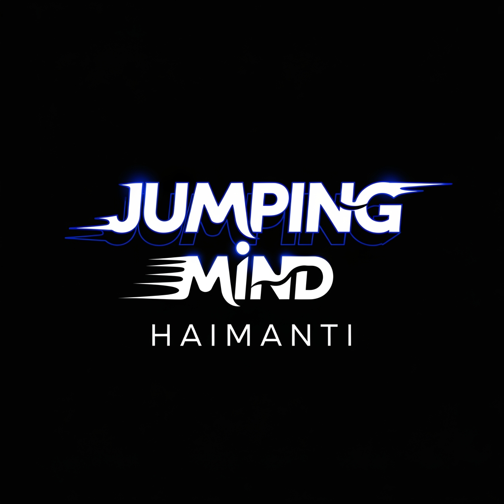 AI Design for Create a premium typography logo for the YouTube channel "Jumping Mind Haimanti". No brain icons, no mascot, no illustrations. Focus entirely on creative typography and letter design. Modern, minimalist, bold, and memorable wordmark. Dynamic letter shapes that convey movement, energy, creativity, curiosity, and growth. Stylish custom typography with unique ligatures and subtle motion effects. Professional YouTube branding, clean vector design, luxury aesthetic, high contrast, balanced composition, black background with white and electric blue accents. Elegant and futuristic font styling, Adobe Photoshop quality, brand identity design, sharp edges, ultra-clean lines, scalable vector logo, transparent background, 8K resolution.