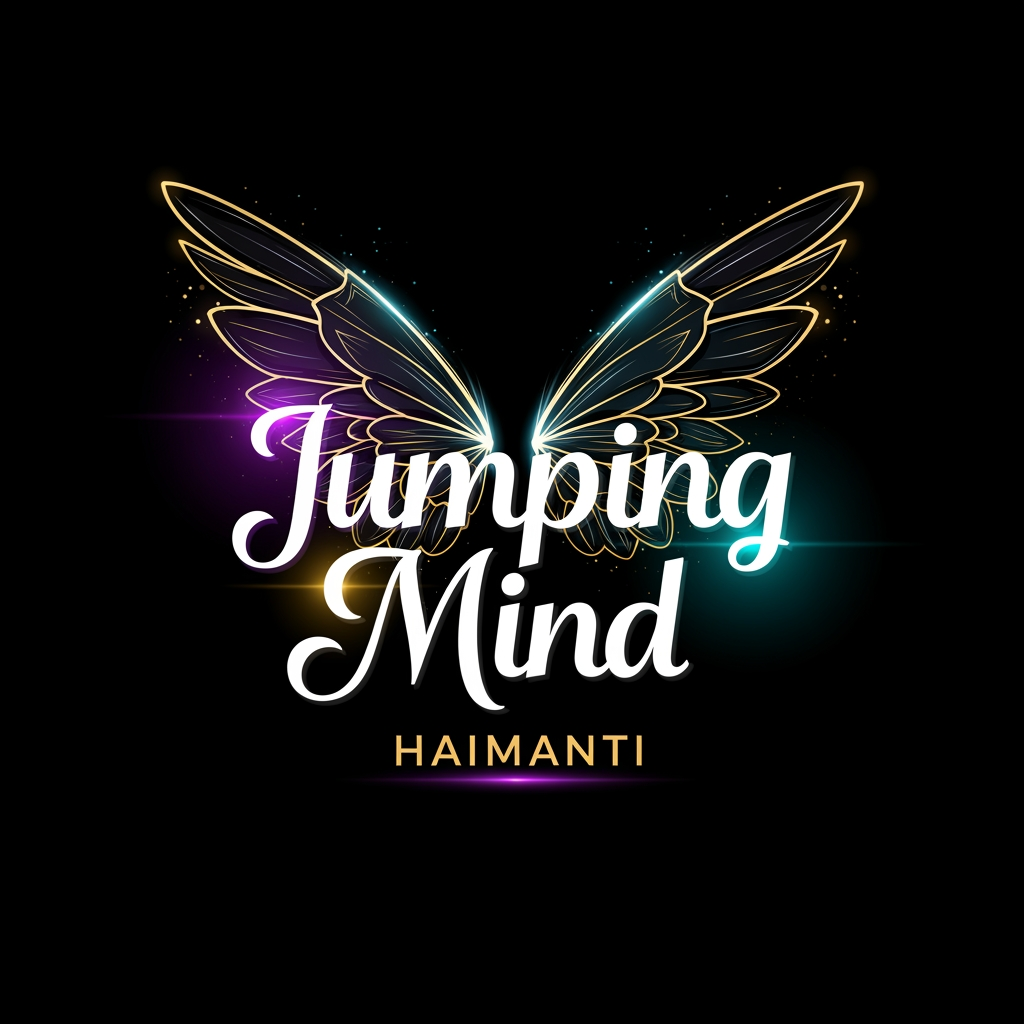 AI Design for Create a premium typography logo for the YouTube channel "Jumping Mind Haimanti". Focus on elegant custom typography and creative lettering. Behind the text, place a pair of beautiful, artistic fairy wings (angel wings) as a subtle background element. The wings should look graceful, dreamy, and inspirational, symbolizing imagination, freedom, creativity, and limitless thinking. Modern luxury design, clean vector artwork, balanced composition, sophisticated typography, high-end YouTube branding, black background, glowing white, purple, cyan, and gold accents. The wings should complement the text without overpowering it. Elegant lighting effects, soft glow, premium digital art, ultra-detailed, professional logo design, transparent background, Adobe Photoshop quality, 8K resolution.