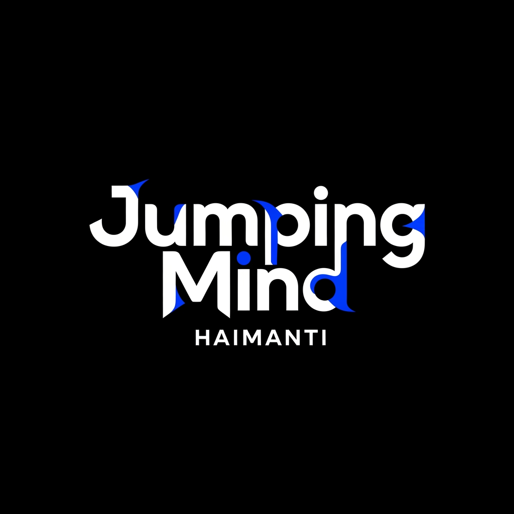 AI Design for Create a premium typography logo for the YouTube channel "Jumping Mind Haimanti". No brain icons, no mascot, no illustrations. Focus entirely on creative typography and letter design. Modern, minimalist, bold, and memorable wordmark. Dynamic letter shapes that convey movement, energy, creativity, curiosity, and growth. Stylish custom typography with unique ligatures and subtle motion effects. Professional YouTube branding, clean vector design, luxury aesthetic, high contrast, balanced composition, black background with white and electric blue accents. Elegant and futuristic font styling, Adobe Photoshop quality, brand identity design, sharp edges, ultra-clean lines, scalable vector logo, transparent background, 8K resolution.