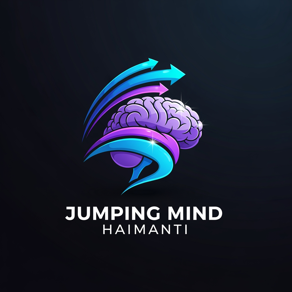 AI Design for Design a modern, premium, and creative logo for a YouTube channel named "Jumping Mind Haimanti". The logo should symbolize imagination, creativity, intelligence, learning, positivity, and personal growth. Feature a stylized human brain combined with dynamic jumping or upward motion elements to represent an active and evolving mind. Clean vector design, minimalist yet memorable, professional YouTube branding, bold typography, futuristic aesthetic, smooth curves, high contrast, balanced composition, dark background with vibrant electric blue, purple, and cyan accents. 3D glossy effect, ultra-sharp details, modern digital art style, Adobe Photoshop quality, brand identity design, scalable vector logo, centered composition, 8K resolution, transparent background.