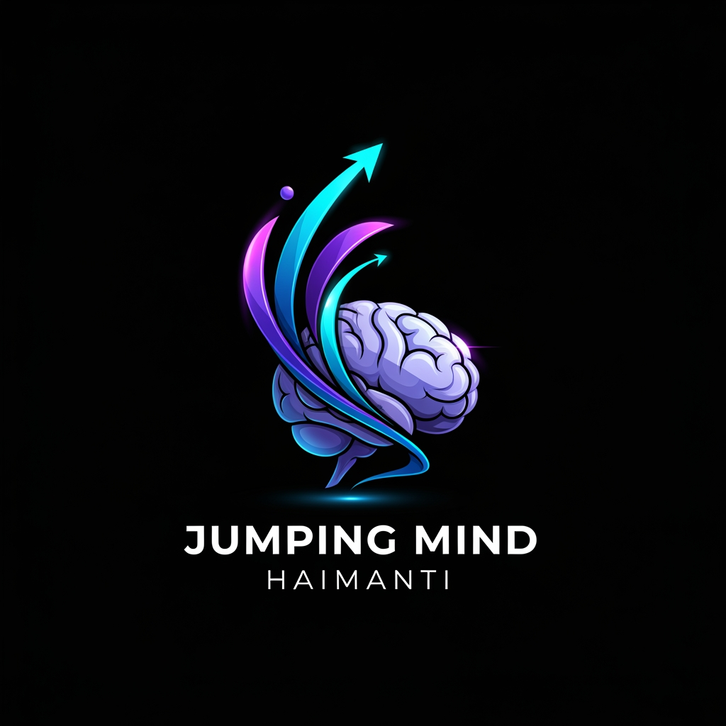 AI Design for Design a modern, premium, and creative logo for a YouTube channel named "Jumping Mind Haimanti". The logo should symbolize imagination, creativity, intelligence, learning, positivity, and personal growth. Feature a stylized human brain combined with dynamic jumping or upward motion elements to represent an active and evolving mind. Clean vector design, minimalist yet memorable, professional YouTube branding, bold typography, futuristic aesthetic, smooth curves, high contrast, balanced composition, dark background with vibrant electric blue, purple, and cyan accents. 3D glossy effect, ultra-sharp details, modern digital art style, Adobe Photoshop quality, brand identity design, scalable vector logo, centered composition, 8K resolution, transparent background.