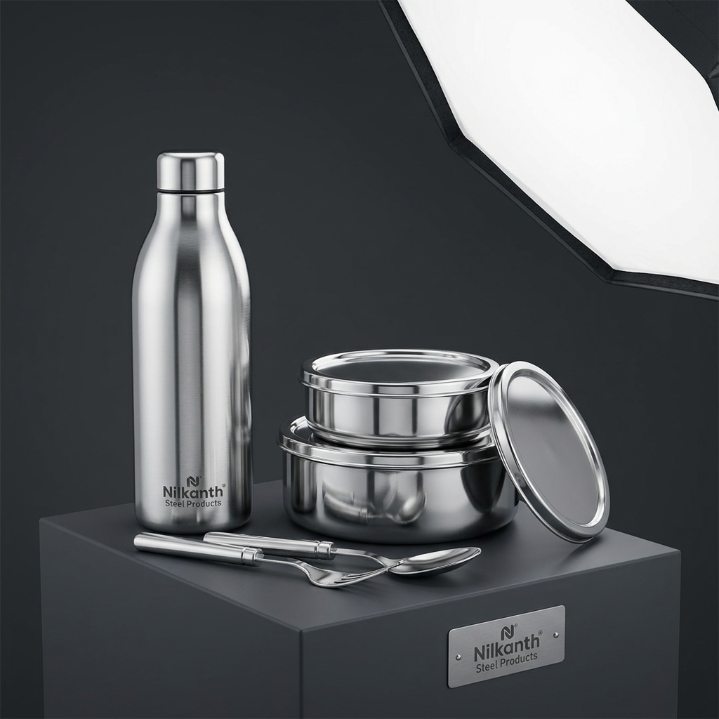 AI Design for A professional, high-end product photography shot of Nilkanth steel products, featuring polished stainless steel surfaces with sleek, industrial aesthetics. The scene is illuminated with soft, cinematic studio lighting that highlights the metallic texture and clean lines, set against a minimalist dark grey background to convey strength, durability, and premium quality.