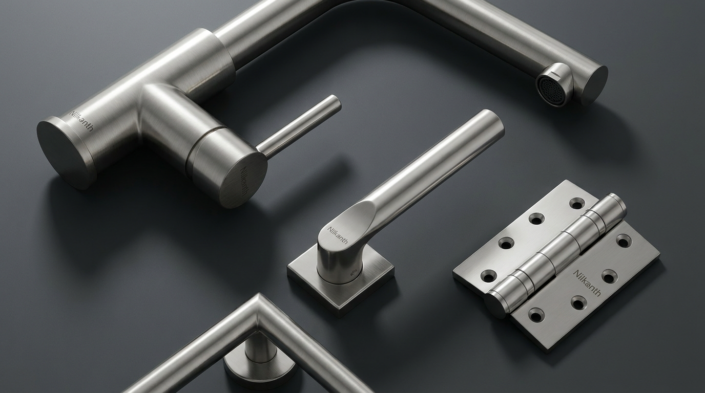 AI Design for A professional, high-end product photography shot of Nilkanth steel products, featuring polished stainless steel surfaces with sleek, industrial aesthetics. The scene is illuminated with soft, cinematic studio lighting that highlights the metallic texture and clean lines, set against a minimalist dark grey background to convey strength, durability, and premium quality.