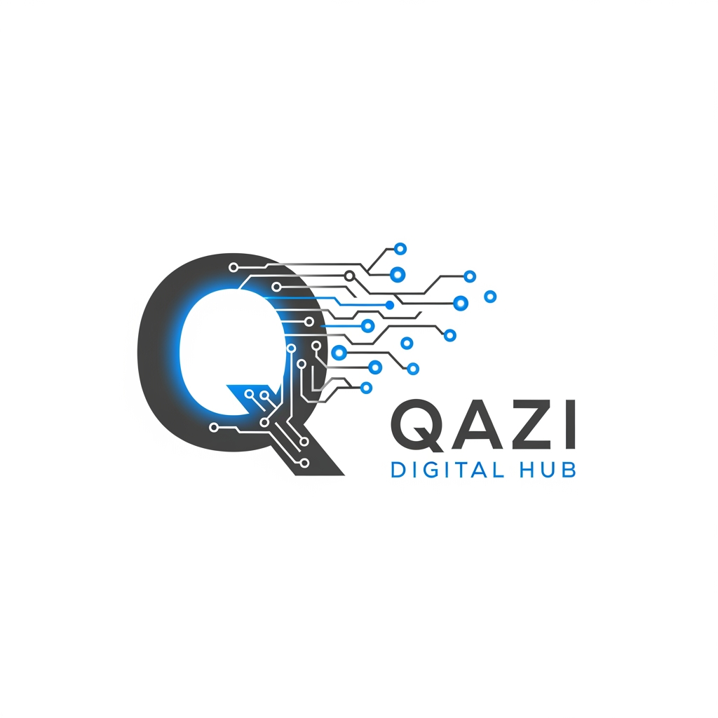 AI Design for Create a modern and premium logo for "Qazi Digital Hub". Use a stylish letter Q with digital circuit elements and network nodes. Dark grey and blue color scheme. Clean, minimalist, professional, tech-inspired, suitable for a digital marketing agency. White background, vector style, high-end brandin