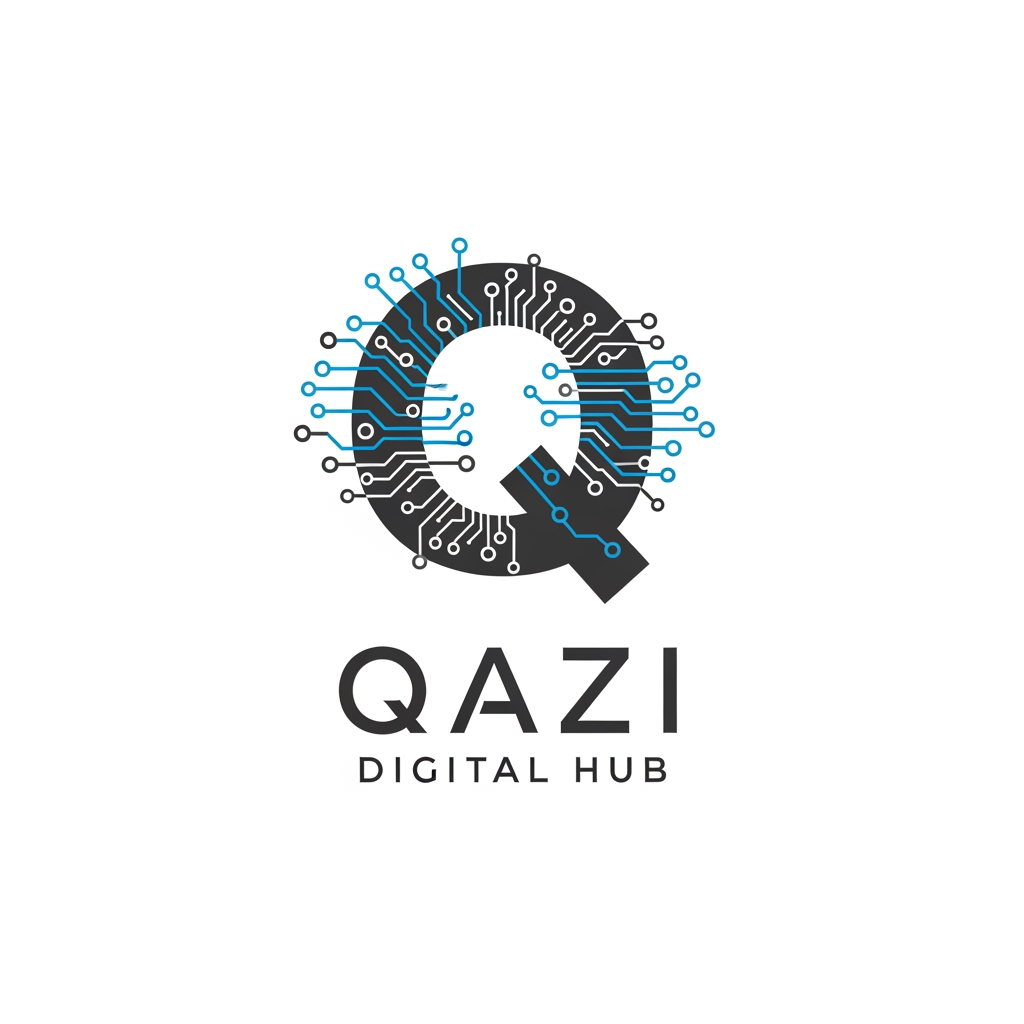 AI Design for Create a modern and premium logo for "Qazi Digital Hub". Use a stylish letter Q with digital circuit elements and network nodes. Dark grey and blue color scheme. Clean, minimalist, professional, tech-inspired, suitable for a digital marketing agency. White background, vector style, high-end brandin
