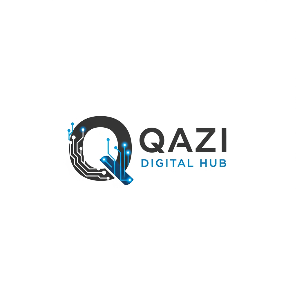 AI Design for Create a modern and premium logo for "Qazi Digital Hub". Use a stylish letter Q with digital circuit elements and network nodes. Dark grey and blue color scheme. Clean, minimalist, professional, tech-inspired, suitable for a digital marketing agency. White background, vector style, high-end brandin