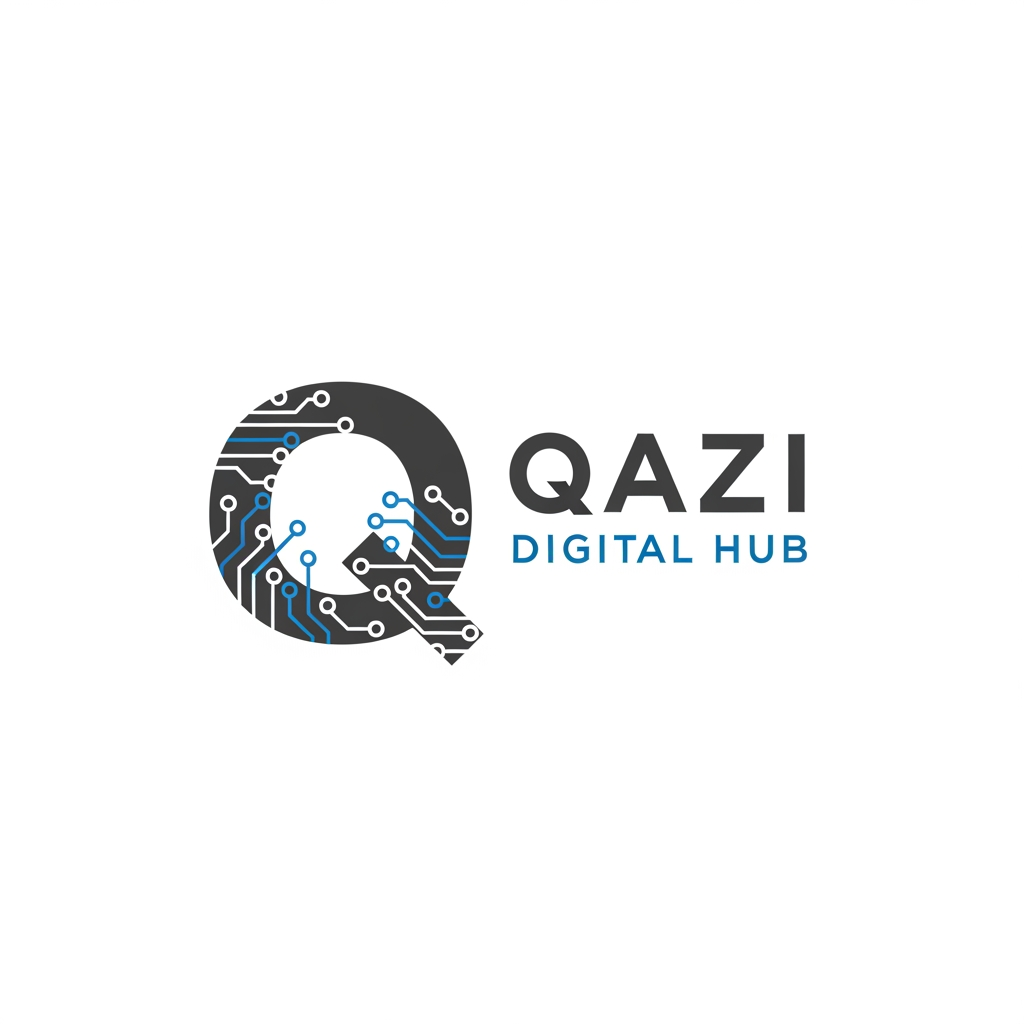 AI Design for Create a modern and premium logo for "Qazi Digital Hub". Use a stylish letter Q with digital circuit elements and network nodes. Dark grey and blue color scheme. Clean, minimalist, professional, tech-inspired, suitable for a digital marketing agency. White background, vector style, high-end brandin