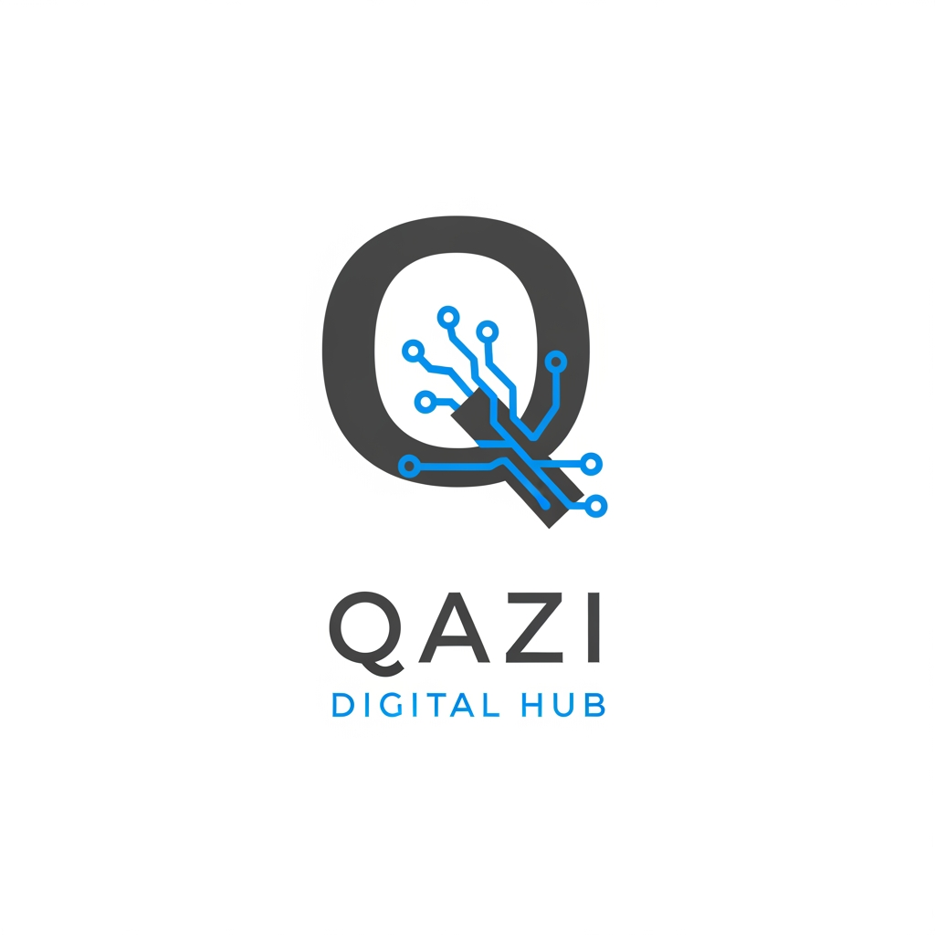 AI Design for Create a modern and premium logo for "Qazi Digital Hub". Use a stylish letter Q with digital circuit elements and network nodes. Dark grey and blue color scheme. Clean, minimalist, professional, tech-inspired, suitable for a digital marketing agency. White background, vector style, high-end brandin