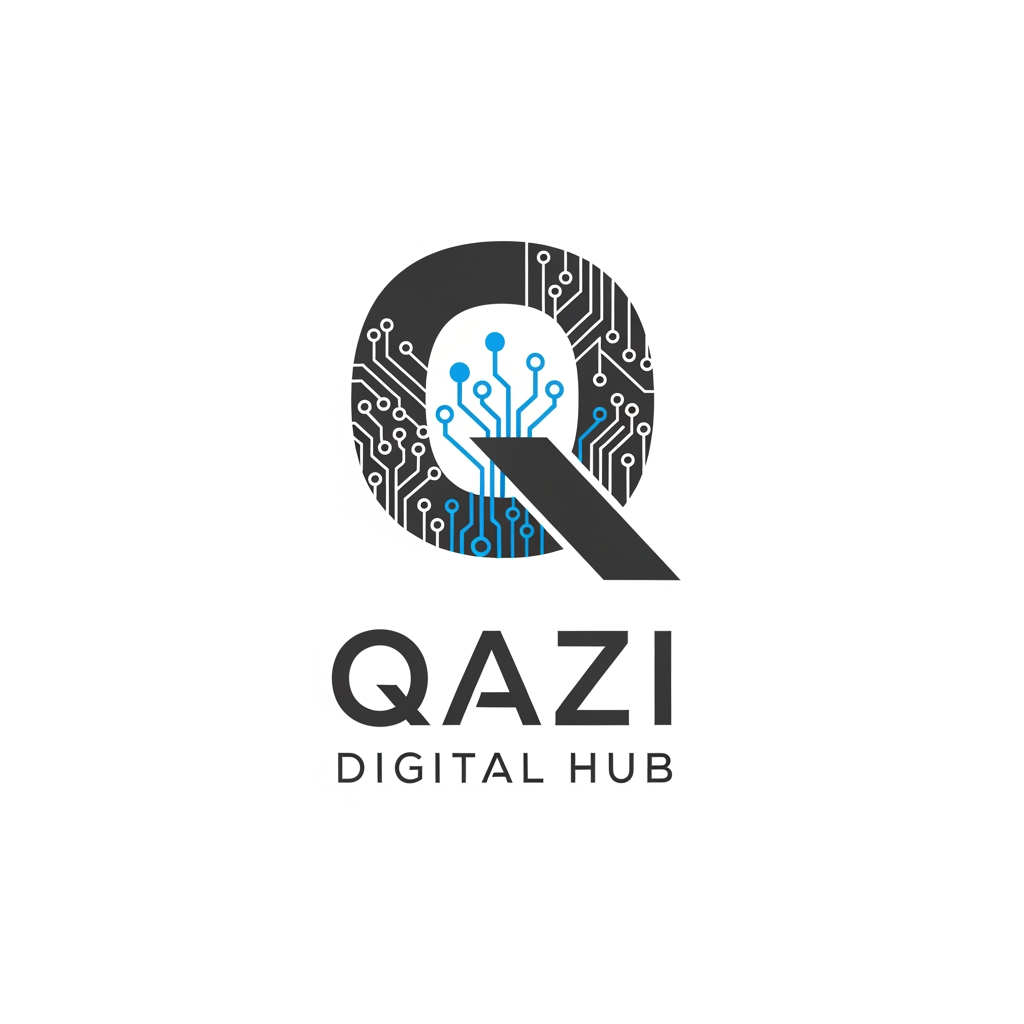 AI Design for Create a modern and premium logo for "Qazi Digital Hub". Use a stylish letter Q with digital circuit elements and network nodes. Dark grey and blue color scheme. Clean, minimalist, professional, tech-inspired, suitable for a digital marketing agency. White background, vector style, high-end brandin