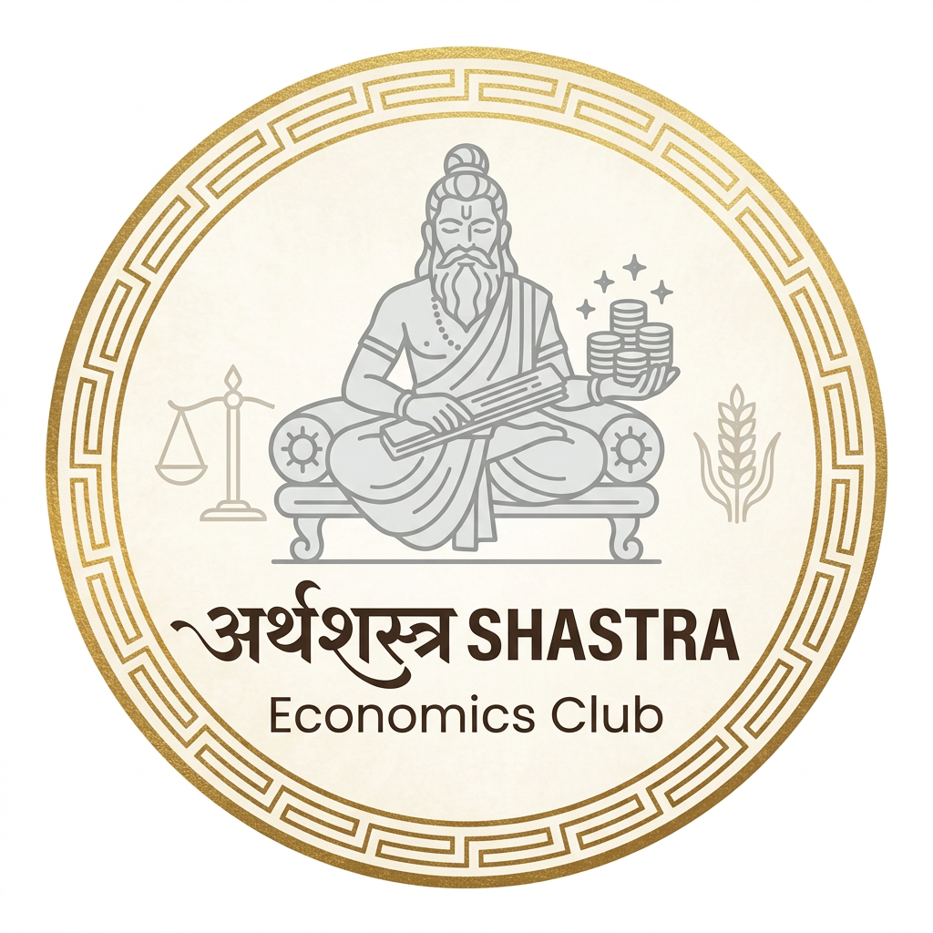 AI Design for i need to make a logo for my club, Arthashastra. This is the reference, I need the hindi touch to it too. but this is a little dull and the background does not look apt. so make a new logo for an economics club. i need light colours only . change the vision! it doesnt have to be the buildings thing behind