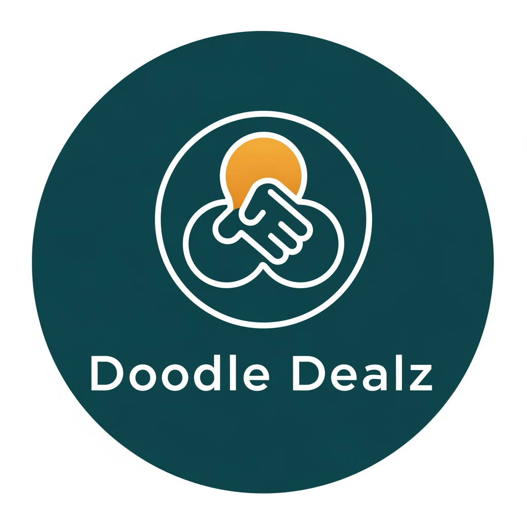 AI Design for Doodle Dealz CONCEPT 1: "The Connected Deal"
Design Philosophy: Minimalist, geometric, modern
Icon: Three interconnected circles/nodes forming a subtle deal/handshake
Shape: Circle-based (universal, trustworthy, complete)
Colors:
Primary: Deep Teal (#0D6B7B) - Trust, growth, sustainability
Secondary: Vibrant Gold/Amber (#FFB84D) - Energy, deals, value
Accent: Clean White
Typography: Modern sans-serif (Montserrat, Inter, or Poppins)
Style:
Icon: 2-3px clean strokes, geometric
Negative space used cleverly
Scalable to favicon size
Feeling: Modern fintech company, trustworthy, professional
Best For: Strong brand recognition, looks premium at any size