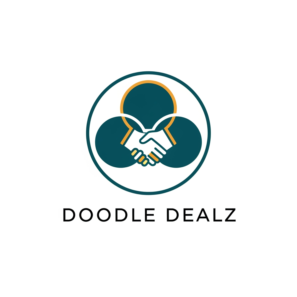 AI Design for Doodle Dealz CONCEPT 1: "The Connected Deal"
Design Philosophy: Minimalist, geometric, modern
Icon: Three interconnected circles/nodes forming a subtle deal/handshake
Shape: Circle-based (universal, trustworthy, complete)
Colors:
Primary: Deep Teal (#0D6B7B) - Trust, growth, sustainability
Secondary: Vibrant Gold/Amber (#FFB84D) - Energy, deals, value
Accent: Clean White
Typography: Modern sans-serif (Montserrat, Inter, or Poppins)
Style:
Icon: 2-3px clean strokes, geometric
Negative space used cleverly
Scalable to favicon size
Feeling: Modern fintech company, trustworthy, professional
Best For: Strong brand recognition, looks premium at any size