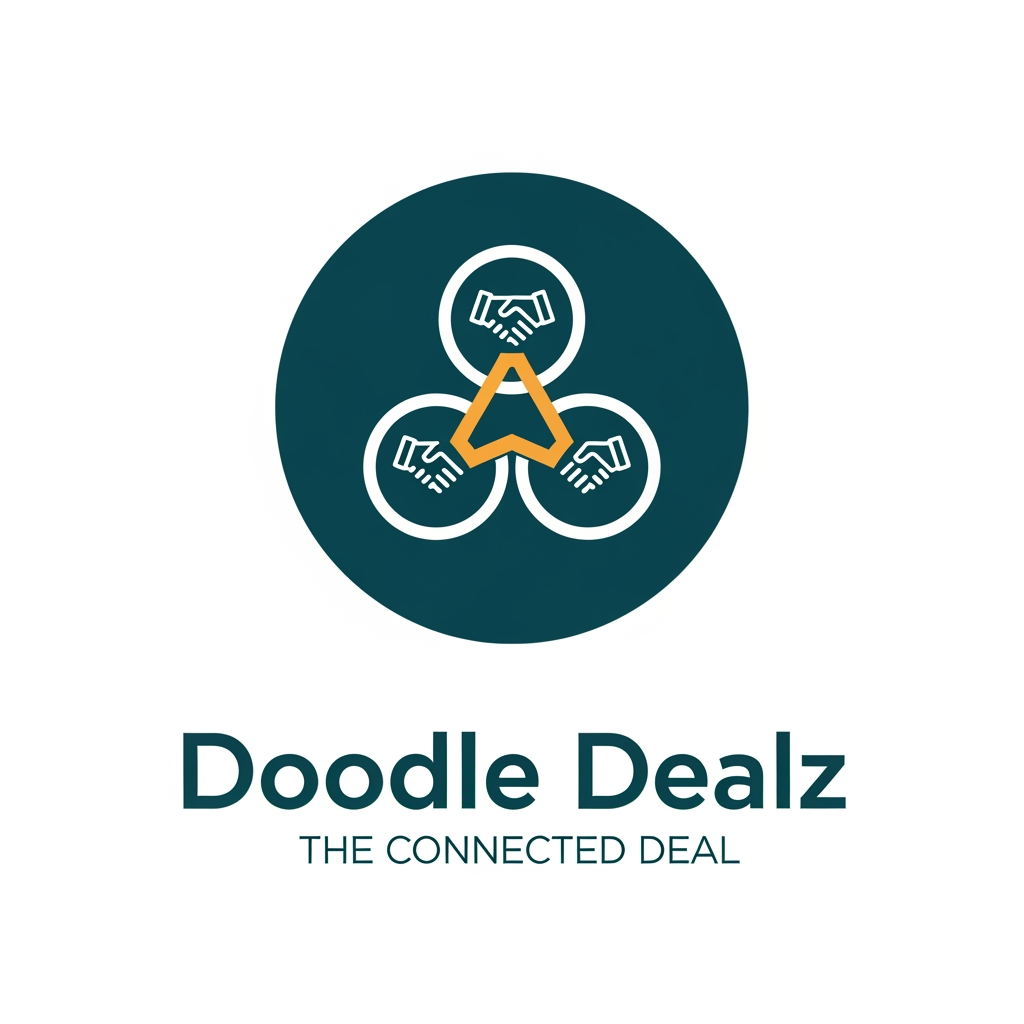 AI Design for Doodle Dealz CONCEPT 1: "The Connected Deal"
Design Philosophy: Minimalist, geometric, modern
Icon: Three interconnected circles/nodes forming a subtle deal/handshake
Shape: Circle-based (universal, trustworthy, complete)
Colors:
Primary: Deep Teal (#0D6B7B) - Trust, growth, sustainability
Secondary: Vibrant Gold/Amber (#FFB84D) - Energy, deals, value
Accent: Clean White
Typography: Modern sans-serif (Montserrat, Inter, or Poppins)
Style:
Icon: 2-3px clean strokes, geometric
Negative space used cleverly
Scalable to favicon size
Feeling: Modern fintech company, trustworthy, professional
Best For: Strong brand recognition, looks premium at any size