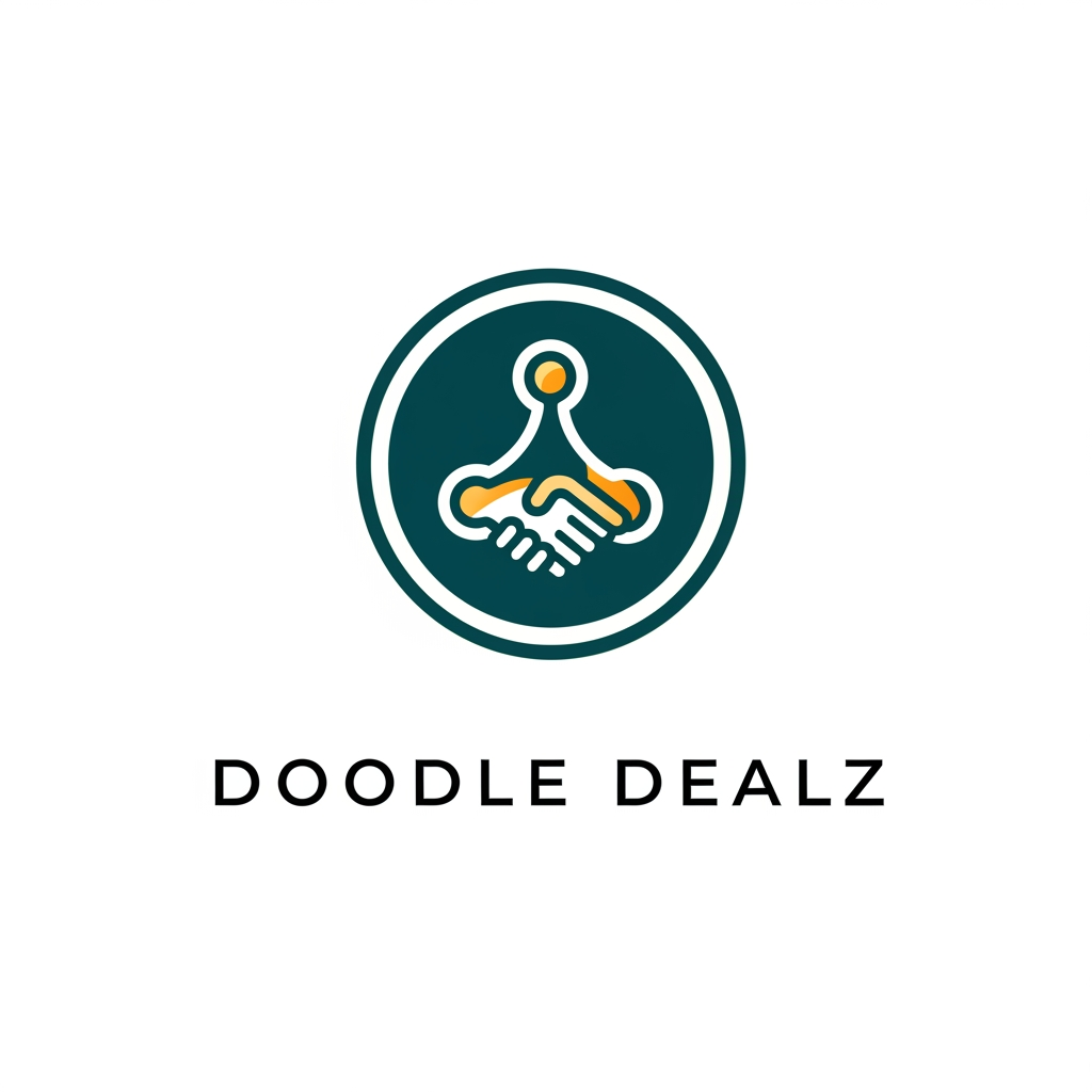 AI Design for Doodle Dealz CONCEPT 1: "The Connected Deal"
Design Philosophy: Minimalist, geometric, modern
Icon: Three interconnected circles/nodes forming a subtle deal/handshake
Shape: Circle-based (universal, trustworthy, complete)
Colors:
Primary: Deep Teal (#0D6B7B) - Trust, growth, sustainability
Secondary: Vibrant Gold/Amber (#FFB84D) - Energy, deals, value
Accent: Clean White
Typography: Modern sans-serif (Montserrat, Inter, or Poppins)
Style:
Icon: 2-3px clean strokes, geometric
Negative space used cleverly
Scalable to favicon size
Feeling: Modern fintech company, trustworthy, professional
Best For: Strong brand recognition, looks premium at any size