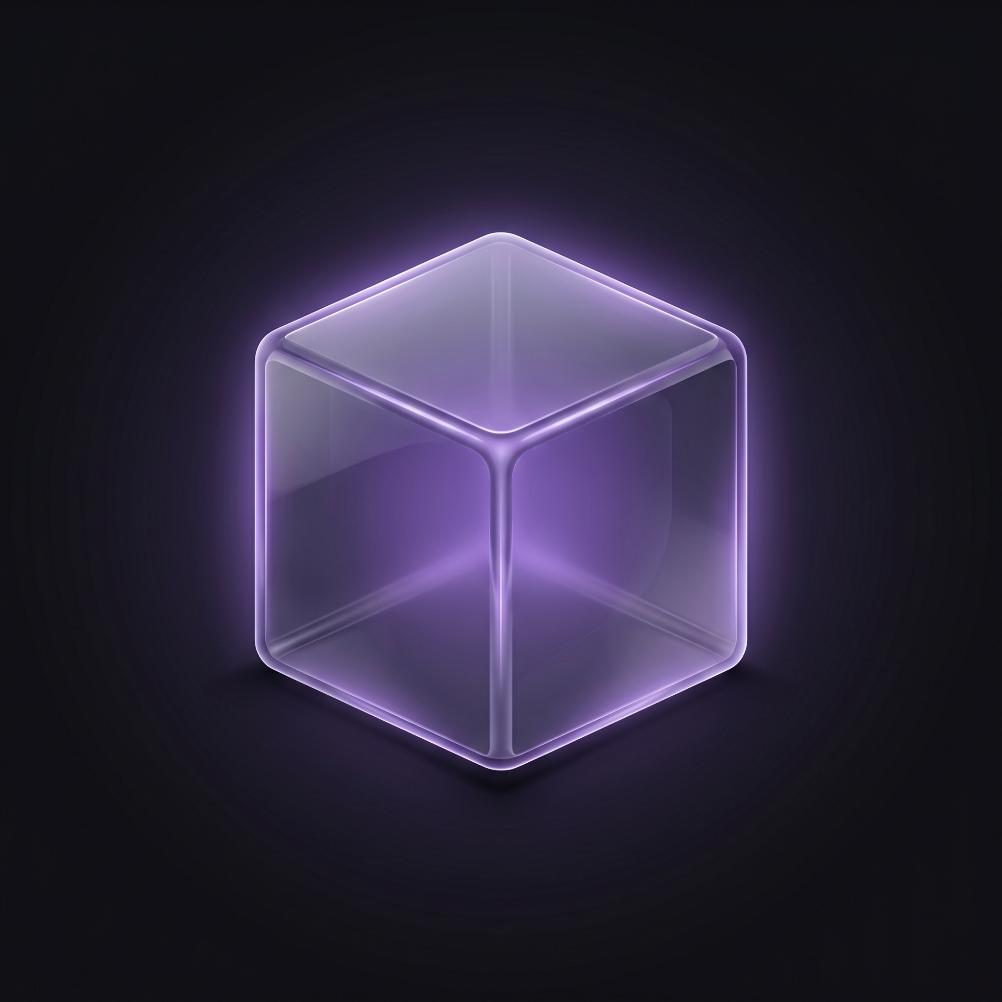 AI Design for Create a premium cube-based app icon with a minimal glow effect in violet tones. The icon should feature a clean 3D glassmorphic cube, centered composition, soft reflections, subtle depth, and a futuristic polished look. Use a dark or transparent background to make the violet glow stand out elegantly. Keep the design minimal, modern, sharp, and high-end, with smooth edges and a refined luminous outline. Avoid text, avoid clutter, and focus on a simple but iconic cube shape that feels premium and app-store ready. High detail, soft ambient light, elegant shadowing, ultra clean finish, 1024x1024.