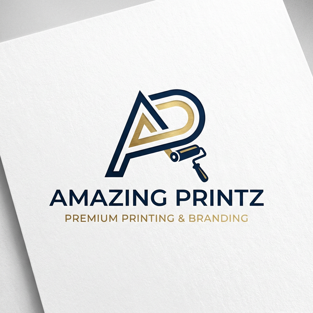 AI Design for A minimalist and sophisticated logo design for a premium printing and branding company. "Amazing Printz"The aesthetic features clean lines, modern typography, and a balanced geometric emblem that symbolizes precision and creativity, rendered in a professional navy blue and metallic gold color palette on a crisp white background.