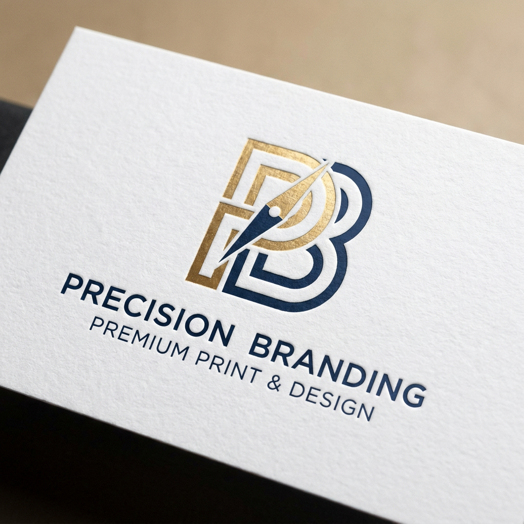 AI Design for A minimalist and sophisticated logo design for a premium printing and branding company. The aesthetic features clean lines, modern typography, and a balanced geometric emblem that symbolizes precision and creativity, rendered in a professional navy blue and metallic gold color palette on a crisp white background.