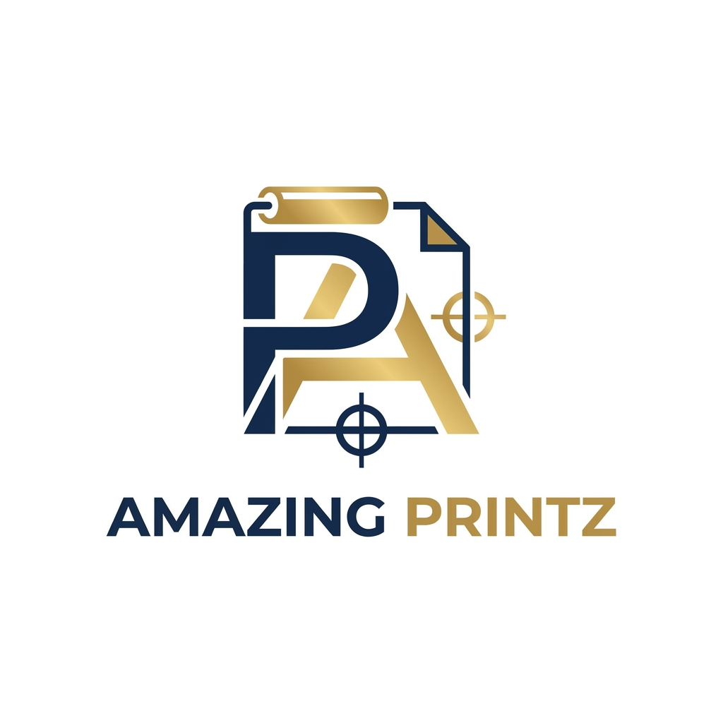 AI Design for A minimalist and sophisticated logo design for a premium printing and branding company. "Amazing Printz"The aesthetic features clean lines, modern typography, and a balanced geometric emblem that symbolizes precision and creativity, rendered in a professional navy blue and metallic gold color palette on a crisp white background.
