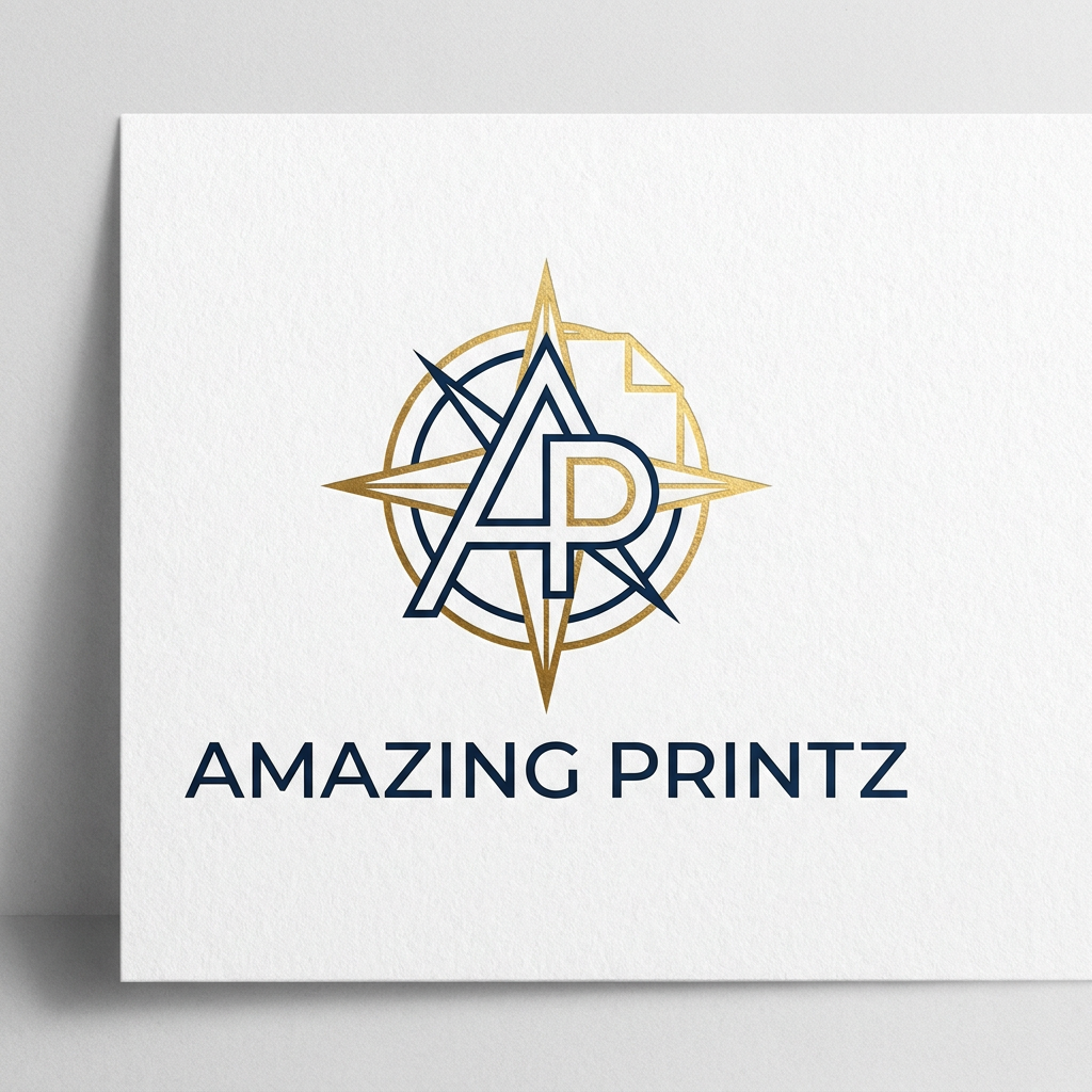 AI Design for A minimalist and sophisticated logo design for a premium printing and branding company. "Amazing Printz"The aesthetic features clean lines, modern typography, and a balanced geometric emblem that symbolizes precision and creativity, rendered in a professional navy blue and metallic gold color palette on a crisp white background.