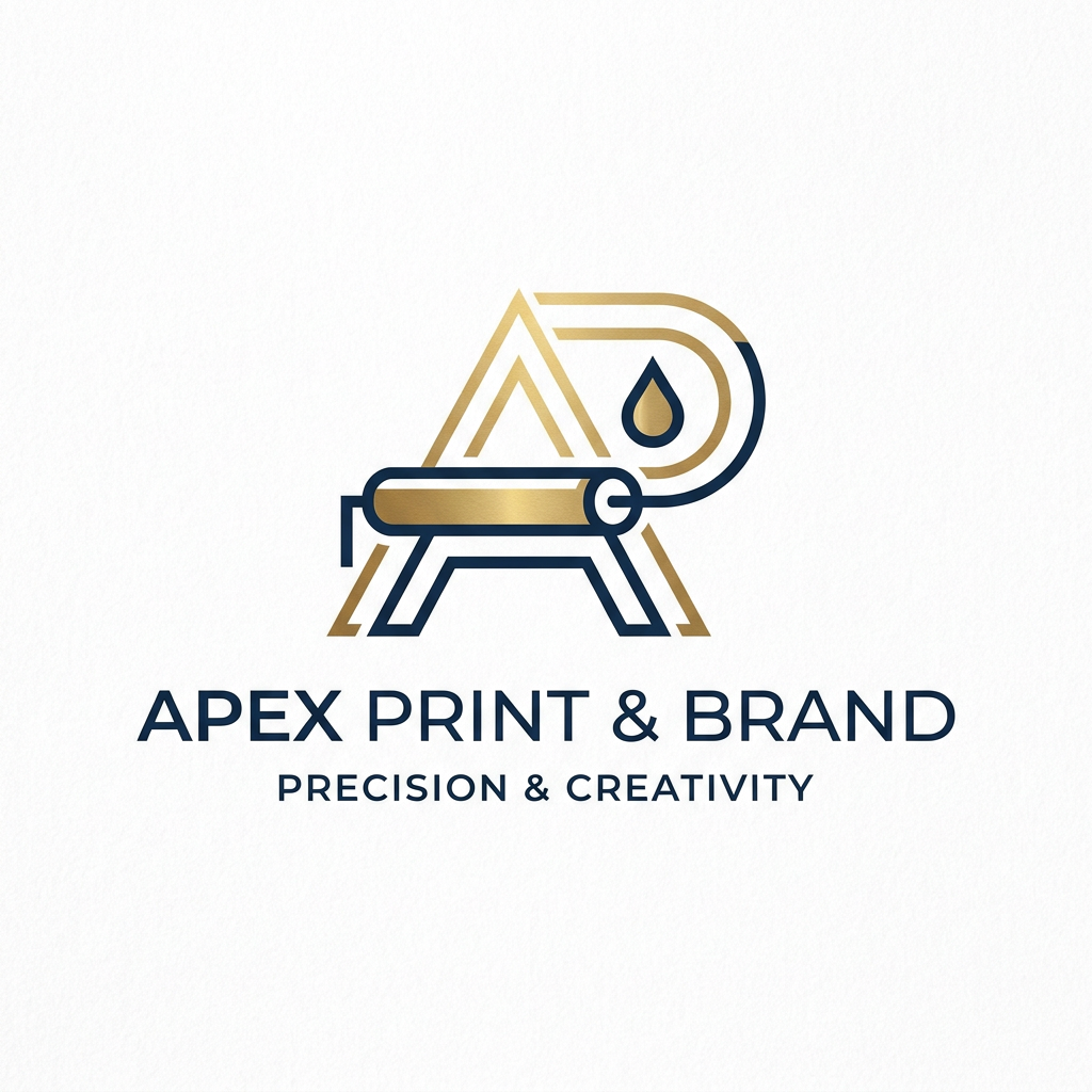 AI Design for A minimalist and sophisticated logo design for a premium printing and branding company. The aesthetic features clean lines, modern typography, and a balanced geometric emblem that symbolizes precision and creativity, rendered in a professional navy blue and metallic gold color palette on a crisp white background.