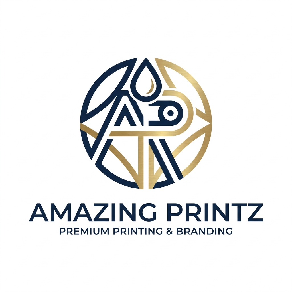 AI Design for A sophisticated minimalist logo for a premium printing and branding company "Amazing Printz", featuring a balanced geometric emblem that signifies precision and creative flow. The design utilizes modern, clean typography paired with a professional navy blue and metallic gold color palette, presented against a pristine white background with sharp, vector-style lines.
