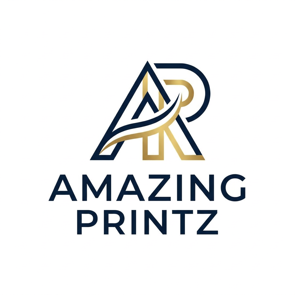 AI Design for A sophisticated minimalist logo for a premium printing and branding company "Amazing Printz", featuring a balanced geometric emblem that signifies precision and creative flow. The design utilizes modern, clean typography paired with a professional navy blue and metallic gold color palette, presented against a pristine white background with sharp, vector-style lines.