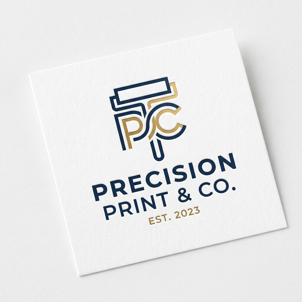 AI Design for A minimalist and sophisticated logo design for a premium printing and branding company. The aesthetic features clean lines, modern typography, and a balanced geometric emblem that symbolizes precision and creativity, rendered in a professional navy blue and metallic gold color palette on a crisp white background.