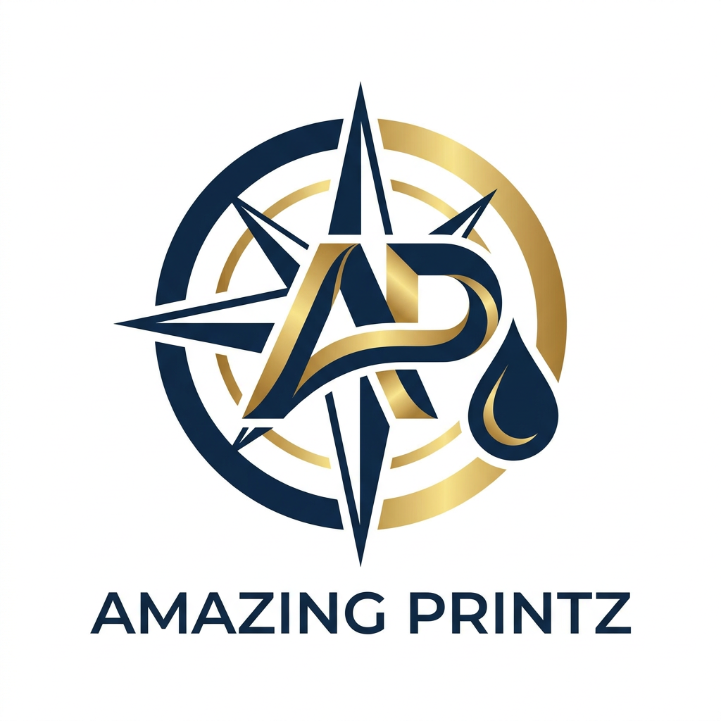 AI Design for A sophisticated minimalist logo for a premium printing and branding company "Amazing Printz", featuring a balanced geometric emblem that signifies precision and creative flow. The design utilizes modern, clean typography paired with a professional navy blue and metallic gold color palette, presented against a pristine white background with sharp, vector-style lines.