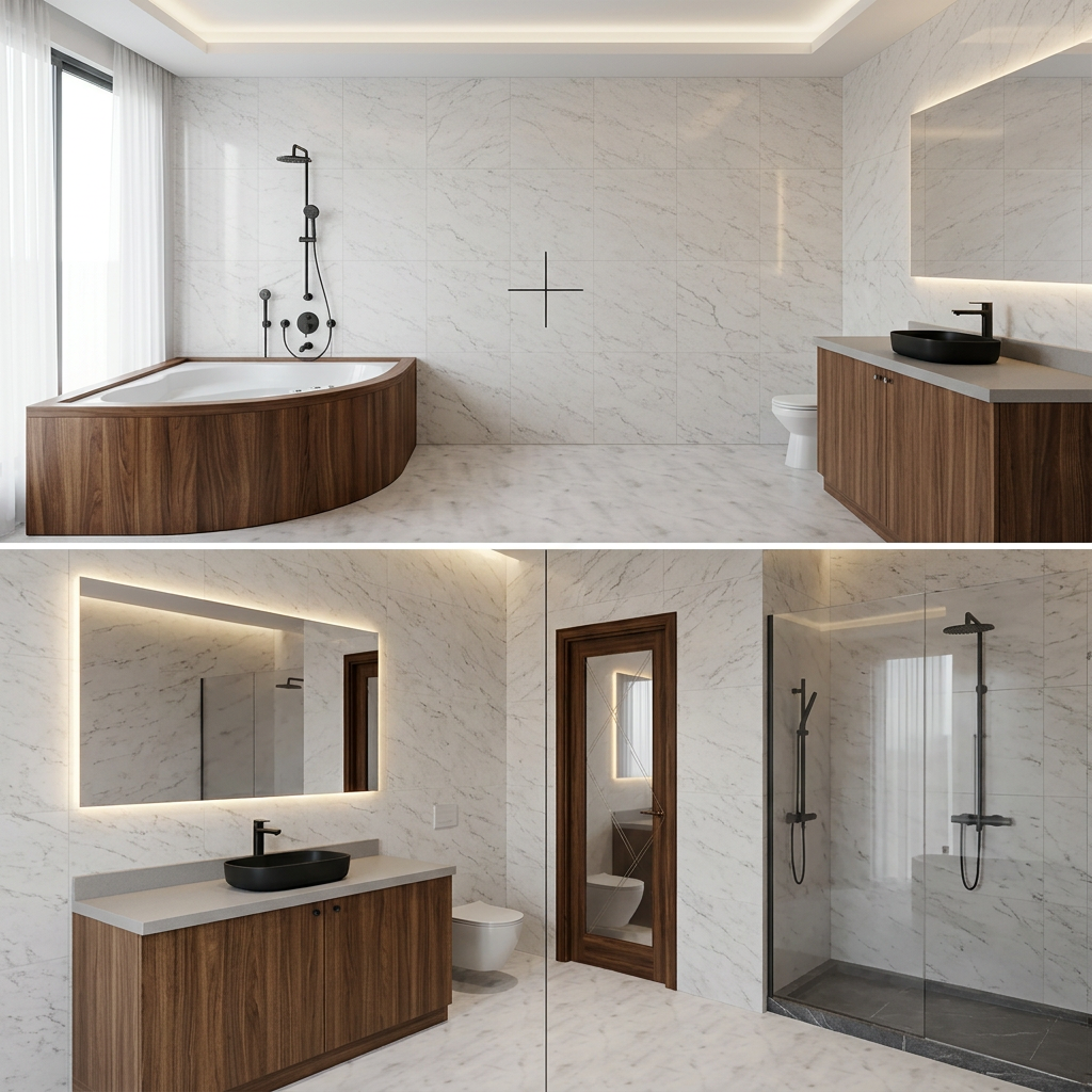 AI Design for do the interior of the toilet for me, so that it has light, delicate tiles, that the sink is black and that there is a mirror above it, and that the jacuzzi is in some wooden design, and in the next picture where you can see the shower cabin, the sink is done the same as in the previous one, as well as the tiles, and the shower cabin is made so that the tap and shower are black and the basin is a little darker than the rest. it is important that both pictures are in the same style because it is the same toilet, it is just from a different angle, it is also important that it looks aesthetic, modern and stylish