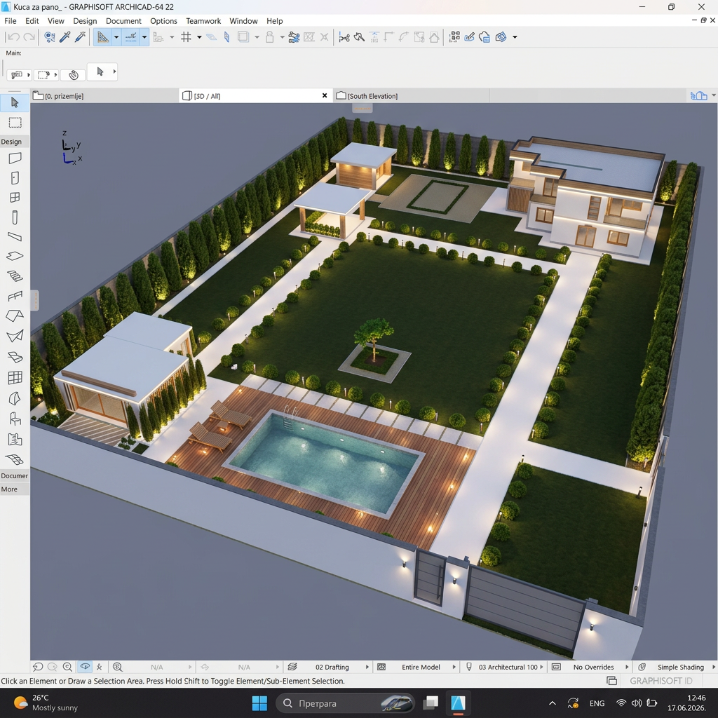 AI Design for arrange the exterior for me, so that the facades of all buildings are white with wood details and wood details. that small round tujas should be placed around all the paths, next to which there is also lighting, lighting should also be located on the house, the pool, the summer house and the sauna. arrange the pool so that the water can be seen and that wooden decorations on the floor and deckchairs should be placed around it on the side opposite the house. around the large fence, large tujas should also be placed with lighting accessories. on the right side of the plot, separated from the other buildings, it should be lit and in front of it at the place of the fence, there should be a large gate, and on the same fence, put a small gate, but separate from the big one, at the other end of the fence, and not so close to the edge, but placed so that it is in front of the white path that leads into the yard. It is important not to move the objects from where they are currently located, and that everything looks modern and luxurious