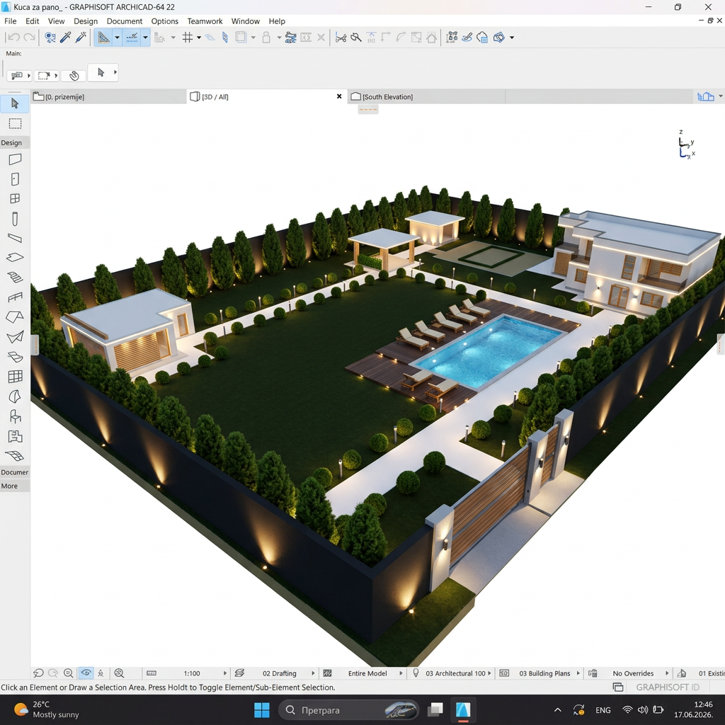 AI Design for arrange the exterior for me, so that the facades of all buildings are white with wood details and wood details. that small round tujas should be placed around all the paths, next to which there is also lighting, lighting should also be located on the house, the pool, the summer house and the sauna. arrange the pool so that the water can be seen and that wooden decorations on the floor and deckchairs should be placed around it on the side opposite the house. around the large fence, large tujas should also be placed with lighting accessories. on the right side of the plot, separated from the other buildings, it should be lit and in front of it at the place of the fence, there should be a large gate, and on the same fence, put a small gate, but separate from the big one, at the other end of the fence, and not so close to the edge, but placed so that it is in front of the white path that leads into the yard. It is important not to move the objects from where they are currently located, and that everything looks modern and luxurious