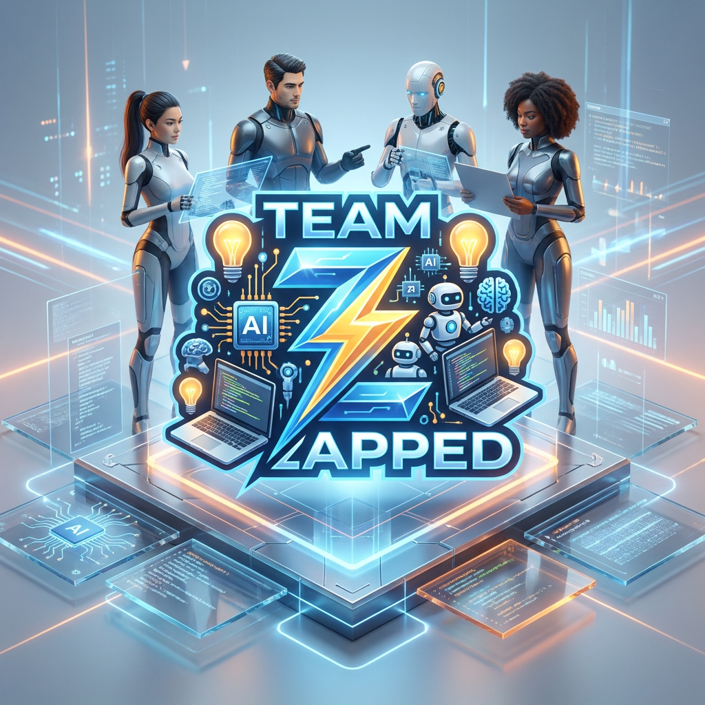 AI Design for Hackathon team named" Team Zapped" i want tech and the z to be defined by lightning, laptops ai, robots , new ideas and innovation by 4 people, create a logo and keep all these points in mind

Apply the following visual style: A futuristic hero product photograph of {{product}}, centered on a glowing geometric stage made of floating panels related to the product domain, clean reflections, soft volumetric light, modern launch campaign photography style.

The last reference image is a design/composition template: match its layout, framing, and overall visual style while following the user's prompt for subject matter where indicated.