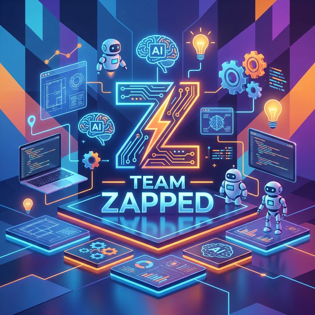 AI Design for Hackathon team named" Team Zapped" i want tech and the z to be defined, laptops ai, robots , new ideas  create a logo and keep all these points in mind

Apply the following visual style: A futuristic hero product photograph of {{product}}, centered on a glowing geometric stage made of floating panels related to the product domain, clean reflections, soft volumetric light, modern launch campaign photography style.

The last reference image is a design/composition template: match its layout, framing, and overall visual style while following the user's prompt for subject matter where indicated.