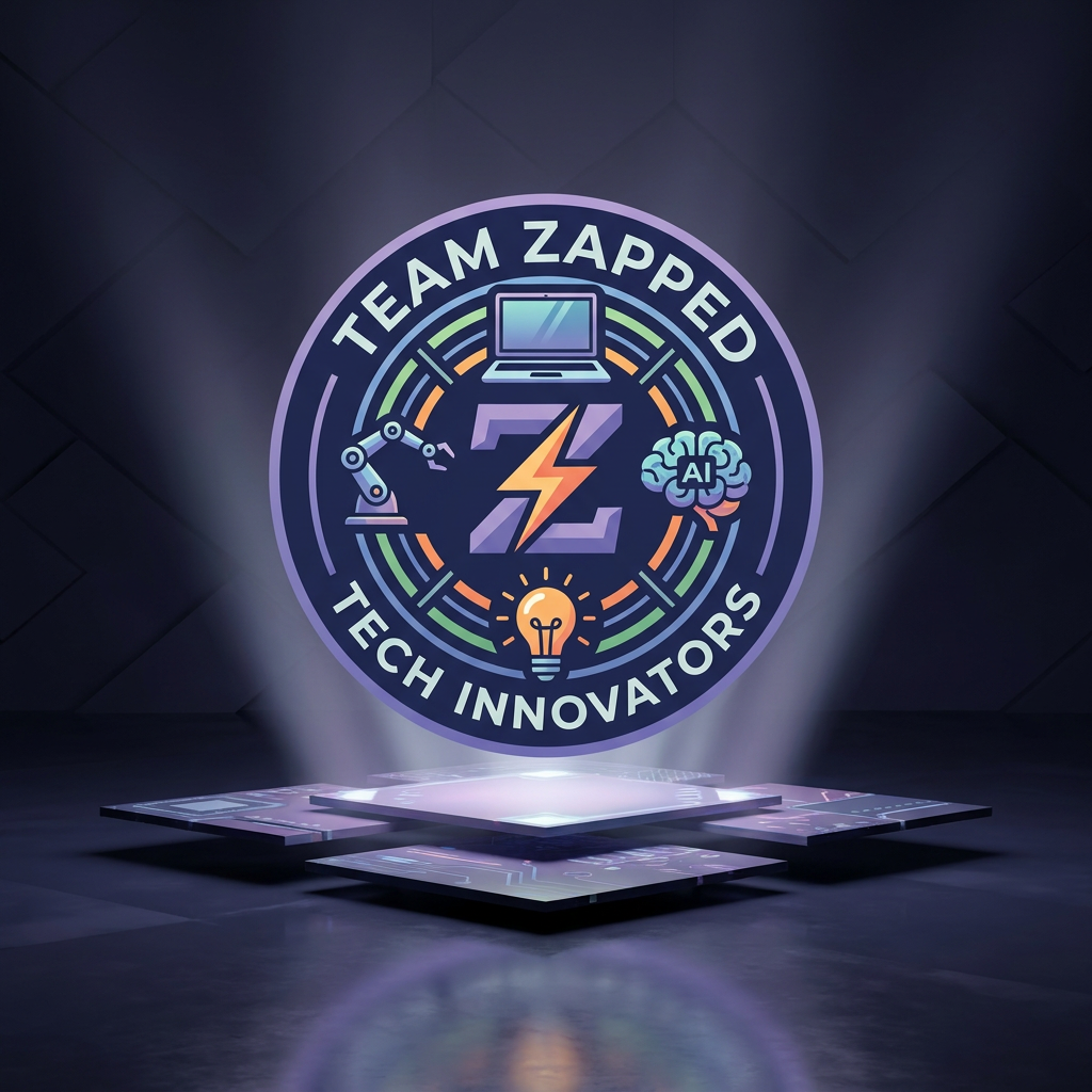 AI Design for Hackathon team named" Team Zapped" i want tech and the z to be defined, laptops ai, robots , new ideas  create a logo and keep all these points in mind, remove the neon colors and go for dark pastels, i want the logo to be classic round , its too congested, make it seem balanced from inside, the things inside the inner circle make it too congested making it look hapazard, make it balanced, don't add or remove any colours they are perfect

Apply the following visual style: A futuristic hero product photograph of {{product}}, centered on a glowing geometric stage made of floating panels related to the product domain, clean reflections, soft volumetric light, modern launch campaign photography style.

The last reference image is a design/composition template: match its layout, framing, and overall visual style while following the user's prompt for subject matter where indicated.
