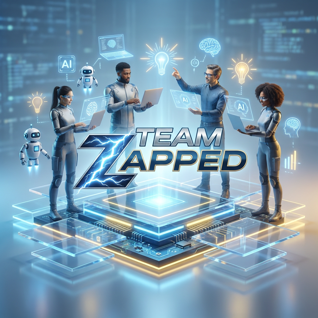 AI Design for Hackathon team named" Team Zapped" i want tech and the z to be defined by lightning, laptops ai, robots all around it, new ideas and innovation by 4 people, create a logo and keep all these points in mind

Apply the following visual style: A futuristic hero product photograph of {{product}}, centered on a glowing geometric stage made of floating panels related to the product domain, clean reflections, soft volumetric light, modern launch campaign photography style.

The last reference image is a design/composition template: match its layout, framing, and overall visual style while following the user's prompt for subject matter where indicated.